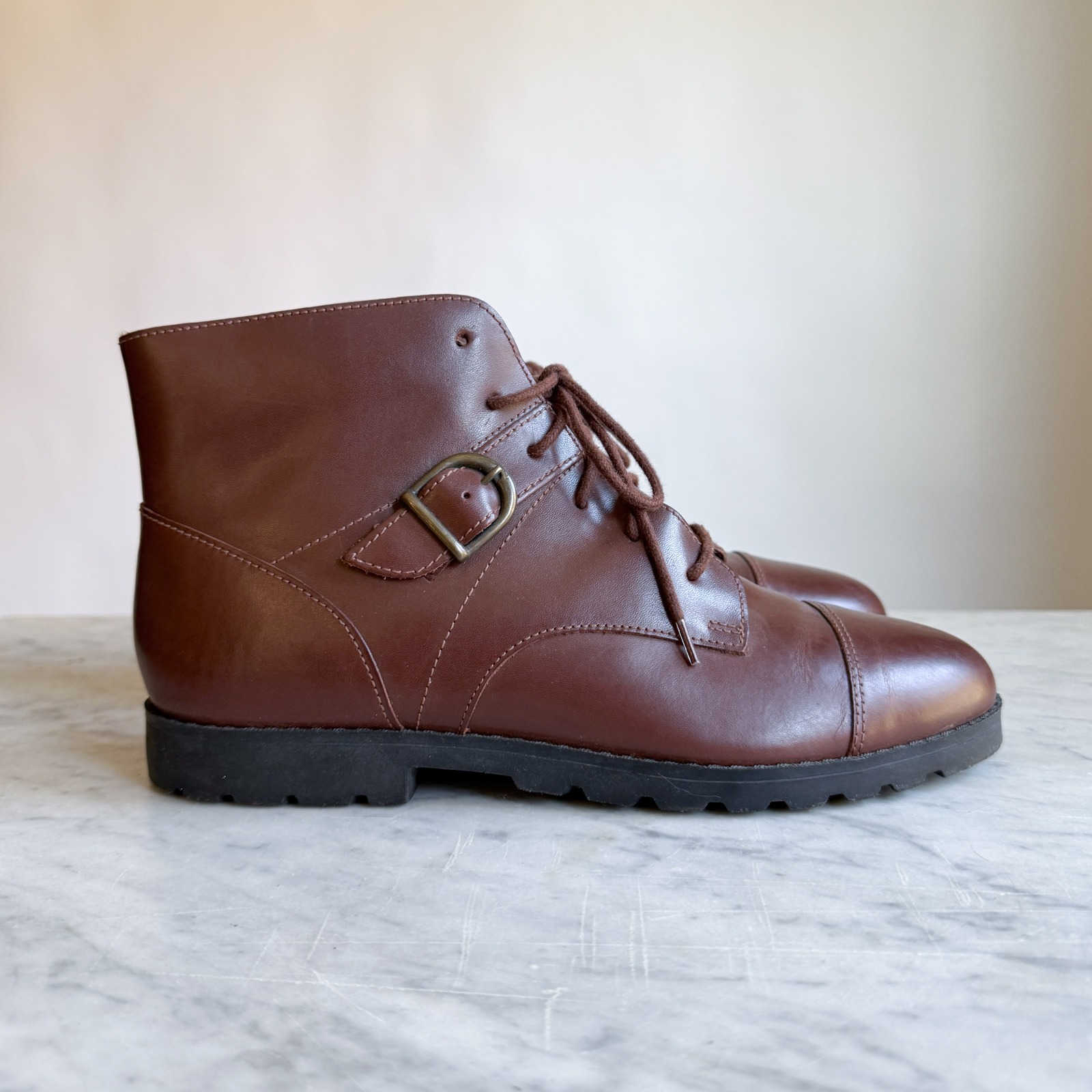 Brown Leather Lace Up Cap Toe Ankle Boots With Buckle Detail Made In Brazil 9